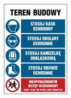 OI001 Teren budowy, Stosuj kask ochronny, Stosuj okulary ochronne, Srosuj kamizelkę odblaskową, Stosuj obu
