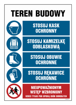 OI002 Teren budowy, Stosuj kak ochronny, Stosuj kamizelkę odblaskową, Stosuj obuwie ochronne, Stosuj rękaw