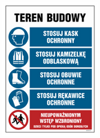 OI002 Teren budowy, Stosuj kak ochronny, Stosuj kamizelkę odblaskową, Stosuj obuwie ochronne, Stosuj rękaw