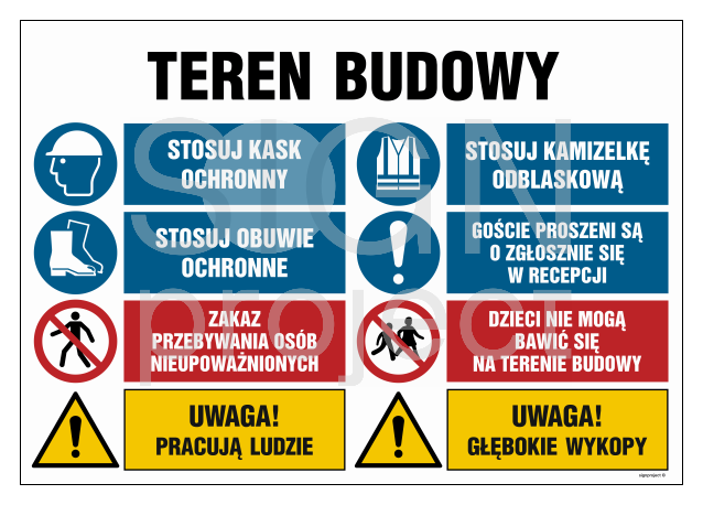 OI020 Teren budowy, Uwaga! Praca ciężonny, Stosuj kamizelkę odblaskową, Stosuj obuwie ochronne, Goście pro