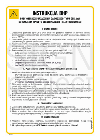 IAA16 Health and safety instructions for the use of the GSE-2xW fire extinguishing device for extinguishing electrical and electronic equipment