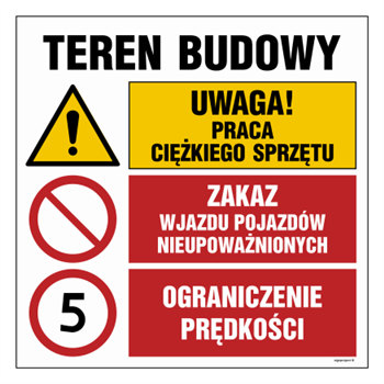 OI032 Uwaga! praca ciężkiego sprzętu, Zakaz wjazdu pojazdów nieupoważnionych, Ograniczenie prędkości do 5k