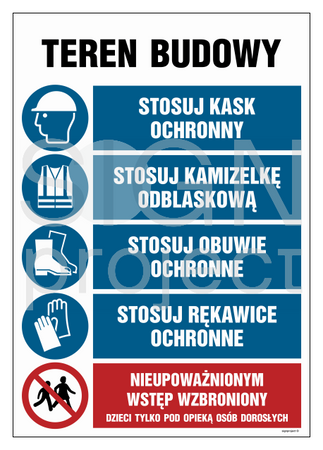 OI002 Teren budowy, Stosuj kak ochronny, Stosuj kamizelkę odblaskową, Stosuj obuwie ochronne, Stosuj rękaw