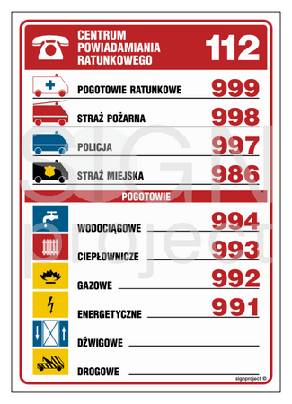 DA001 Tabliczka telefonów alarmowych