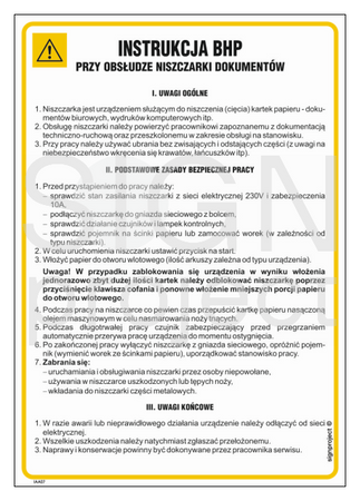IAA07 Health and safety instructions for using the document shredder