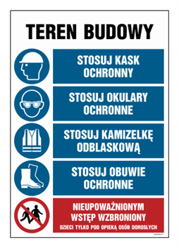 OI001 Teren budowy, Stosuj kask ochronny, Stosuj okulary ochronne, Stosuj kamizelkę odblaskową, Stosuj obu