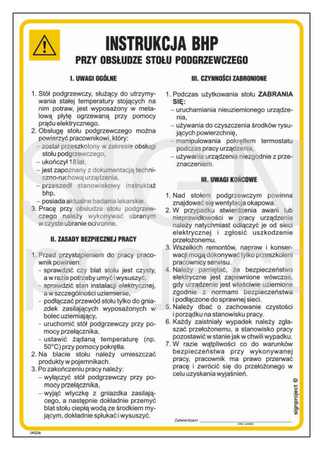 IAG36 Occupational health and safety instructions for the use of the warming table