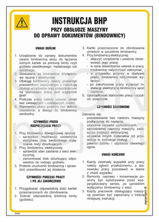 IAA34 Health and safety instructions for the operation of the document binding machine