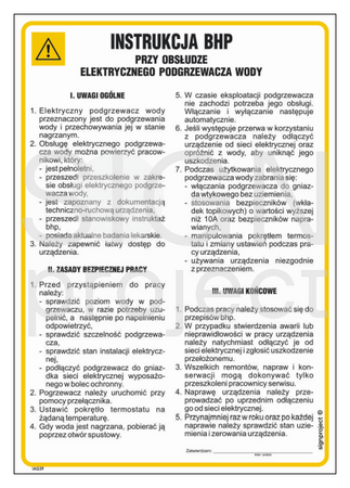 IAG39 Health and safety instructions for the operation of an electric water heater