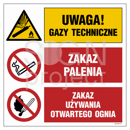 OI028 Uwaga! gazy techniczne, Zakaz palenia, Zakaz używania otwartego ognia