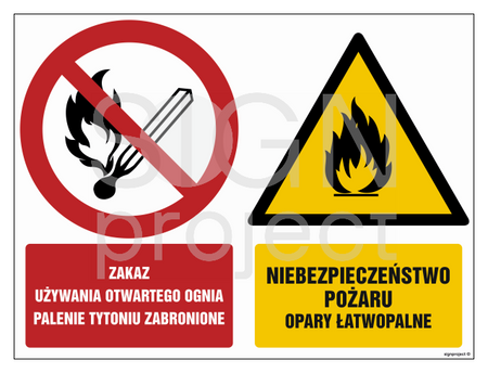 GM002 Zakaz używania otwartego ognia Palenie tytoniu zabronione Niebezpieczeństwo pożaru Opary łatwopalne