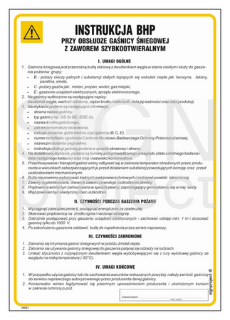 IAA21 Instrukcja BHP przy obsłudze gaśnicy śniegowej z zaworem szybkootwieralnym