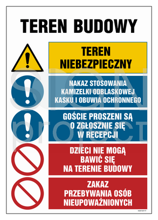 OI005 Teren niebezpieczny, Nakaz stosowania kamizelki odblaskowej, kasku i obuwia ochronnego, Goście prosz