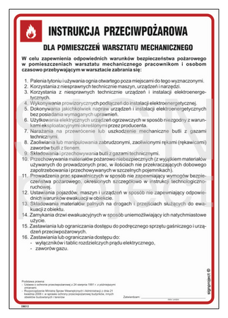 DB012 Instrukcja przeciwpożarowa dla pomieszczeń warsztatu mechanicznego