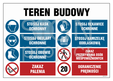 OI018 Teren budowy, Stosuj kask ochronny, Stosuj rękawice ochronne, Stosuj okulary ochronne, Stosuj kamize