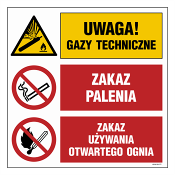 OI028 Uwaga! gazy techniczne, Zakaz palenia, Zakaz używania otwartego ognia
