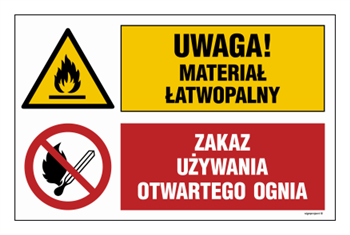 OI037 Uwaga! materiał łatwopalny, Zakaz używania otwartego ognia