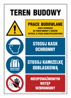 OI015 Teren budowy, Uwaga! teren niebezpieczny, Pojazdy nie mogą wyjeżdżać poza teren budowy bez zgody kie