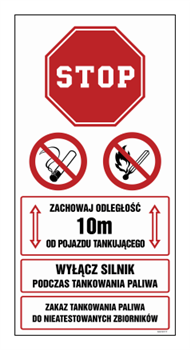 SB019 Zachowaj odległość 10 m od pojazdu tankującego. Wyłącz silnik podczas tankowania paliwa