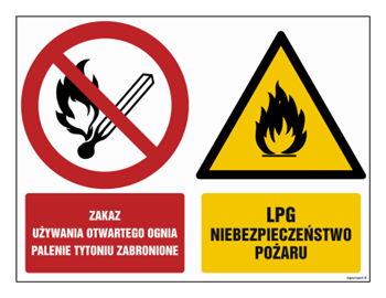 GM003 Zakaz używania otwartego ognia Palenie tytoniu zabronione LPG Niebezpeczeństwo pożaru