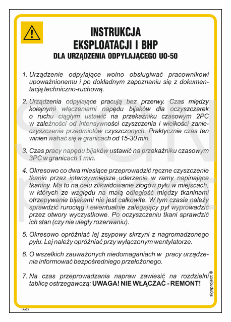 IAA23 Instrukcja eksploatacji i BHP dla urządzenia odpylającego UO-50